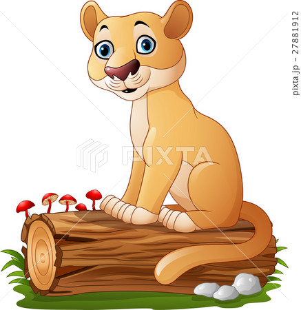 Cartoon feline sitting on tree log 27881912