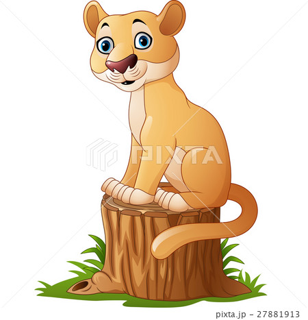Cartoon feline sitting on tree stump 27881913