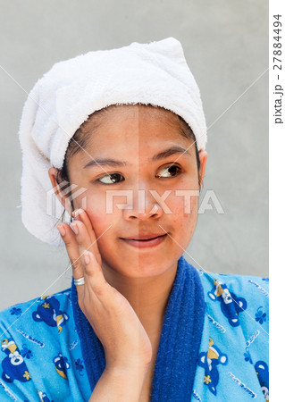 Before and after cosmetic operation,removal of acne on gray back 27884494