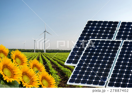 Collage of solar panels against crops background Collage of solar panels against crops background 27887402