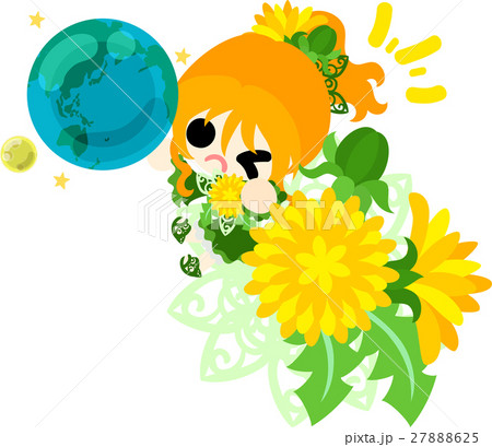 可愛い女の子とタンポポのイラストのイラスト素材