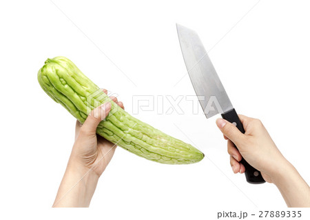 Holding gourd, bitter cucumber, balsam pear, knife 27889335