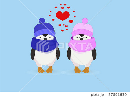 Penguin couple in hats and heart on a blue 27891630