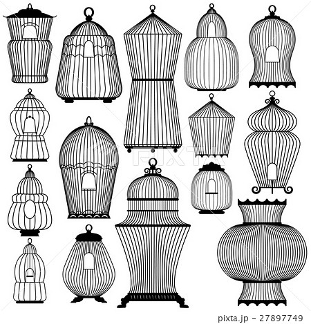 Set Of Decorative Black Bird Cage Silhouettesのイラスト素材