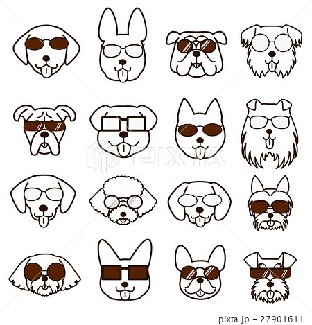眼鏡をかけた犬の顔セット 線画のイラスト素材