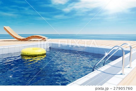 Blue swimming pool with yellow life ring floating  27905760