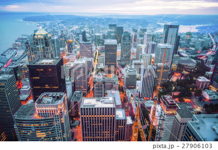 Aerial view of Seattle city scape  at night. 27906103
