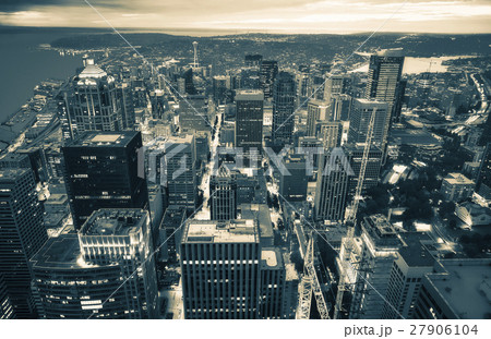 Aerial view of Seattle city scape  at night. 27906104