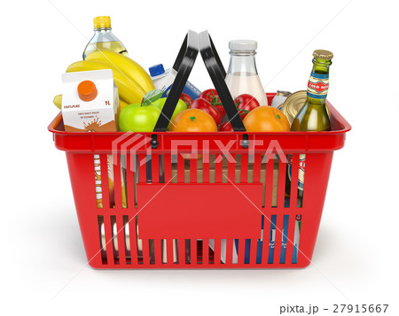 Shopping basket with variety of grocery products Shopping basket with variety of grocery products 27915667