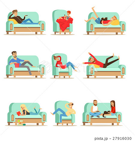 People Resting At Home Relaxing On Sofa Orのイラスト素材