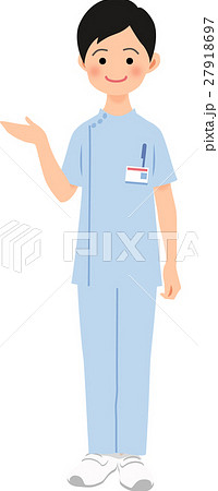 青い看護服を着て案内する男性のイラスト素材