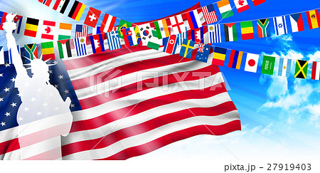 アメリカ 自由の女神 国旗 背景 のイラスト素材