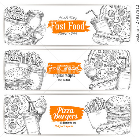 Greasy and unhealthy fast food banner sketch 27937812
