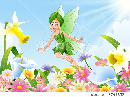 Cute fairy flying on flower field 27938524