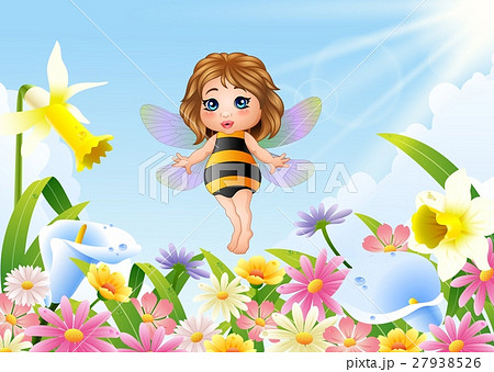 Cute fairy flying on flower field 27938526