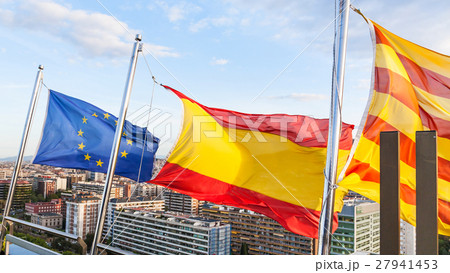 Catalan, Spanish, european flags over Barcelona Catalan, Spanish, european flags over Barcelona 27941453