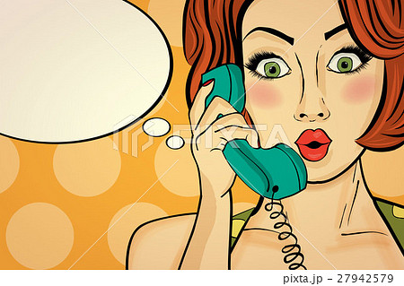 Surprised pop art woman chatting on retro phone . Surprised pop art woman chatting on retro phone . 27942579