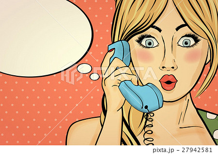 Surprised pop art woman chatting on retro phone . Surprised pop art woman chatting on retro phone . 27942581