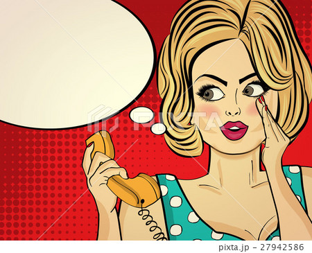 Surprised pop art woman with retro phone Surprised pop art woman with retro phone 27942586