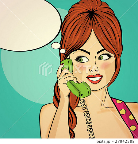 Surprised pop art woman chatting on retro phone Surprised pop art woman chatting on retro phone 27942588