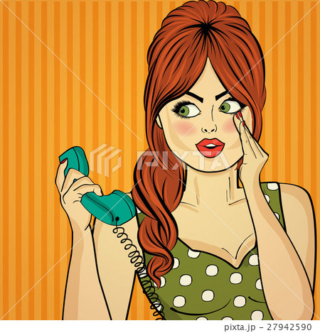 Surprised pop art woman with retro phone 27942590