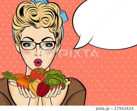 Surprised pop art  woman that holds vegetables 27942624