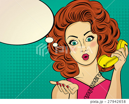 Surprised pop art woman chatting on retro phone Surprised pop art woman chatting on retro phone 27942658