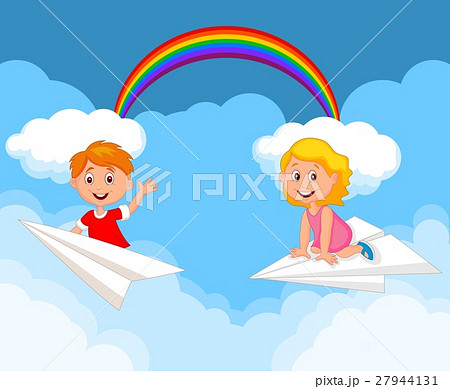 Cartoon kids on a paper plane Cartoon kids on a paper plane 27944131