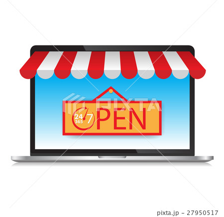 Laptop with awning and basket on line shop 27950517