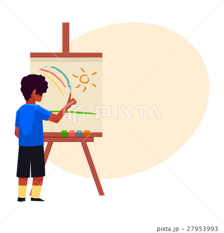 Little boy painting sun and rainbow on easel with Little boy painting sun and rainbow on easel with 27953993