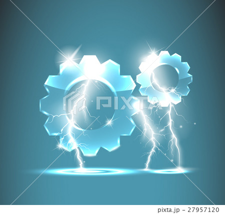glass gear icon with realistic lightnings glass gear icon with realistic lightnings 27957120