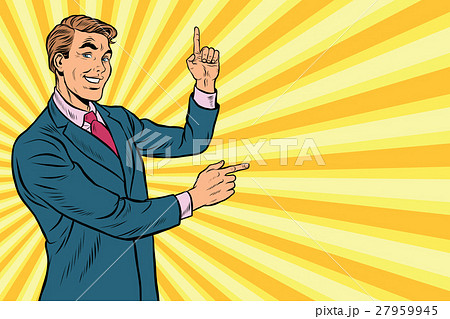 Businessman points up and sideways to copy space 27959945