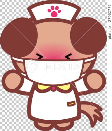 マスクのアニマルナース イヌさん 可愛い動物の看護師さん 足跡のイラスト素材