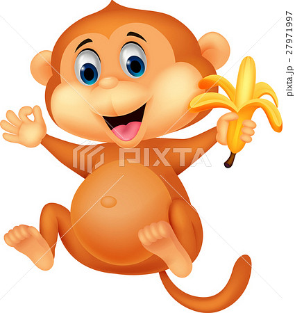 Cute monkey cartoon eating banana - Stock Illustration [27971997] - PIXTA