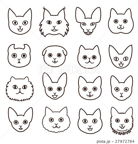 かわいい猫の顔セット 線画のイラスト素材