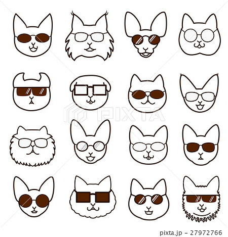 眼鏡をかけた猫の顔セット 線画のイラスト素材