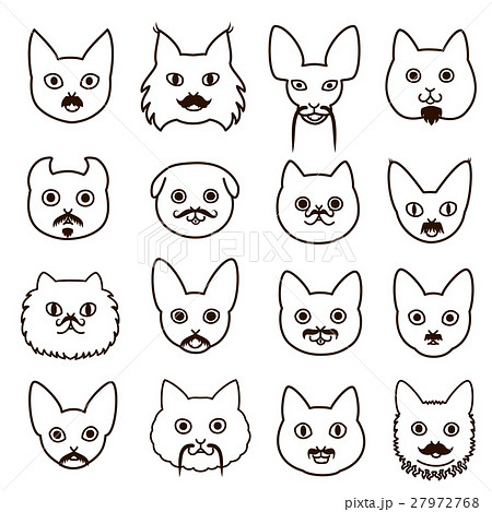 ヒゲのある猫の顔セット 線画のイラスト素材
