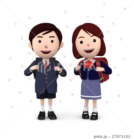 小学生 入学式の男の子と女の子 桜背景5のイラスト素材