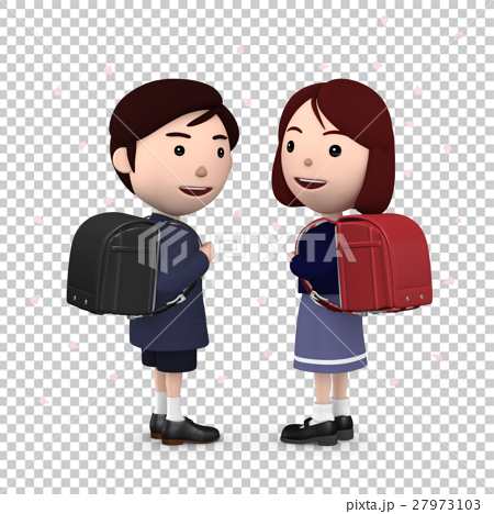 小学生 入学式の男の子と女の子 桜背景6のイラスト素材
