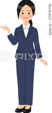 紺のパンツスーツを着て案内する女性のイラスト素材