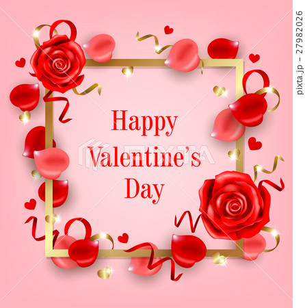 Red roses and petals in golden frame. 27982026