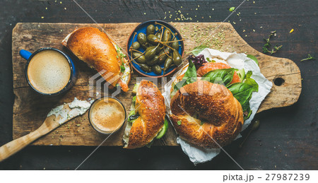 Breakfast with bagel, espresso coffee and capers Breakfast with bagel, espresso coffee and capers 27987239