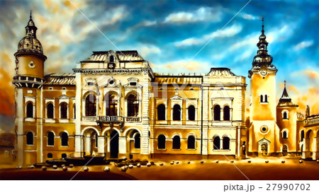 historic town Hall building with square and church 27990702