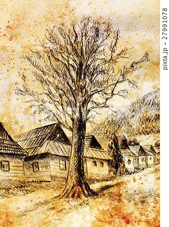 lime tree in old time mountain willage, pencil 27991078