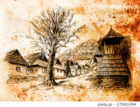 vintage mountain oldtime willage with wooden 27991094