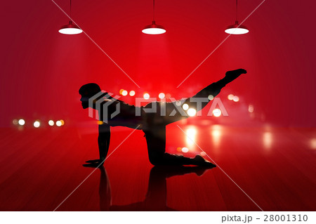 woman yoga exercise on red wooden floor background 28001310