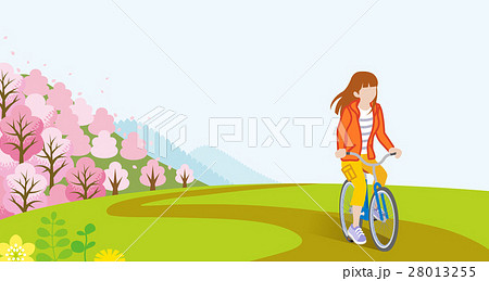 サイクリングする女性　春のあぜ道　ロングヘ 28013255