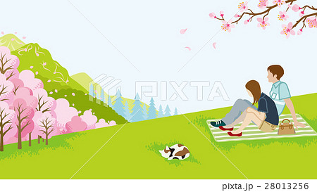花見をするカップル　春の野原 28013256