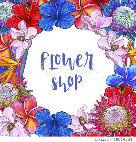 Romantic round frame of tropical flowers with 28014531