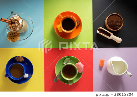 cup of coffee, tea and cacao at background 28015804